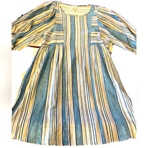 NEW LINEN Cotton Peasant DRESS BLUE White Tan Stripes PUFF Sleeves Flowy Beachy